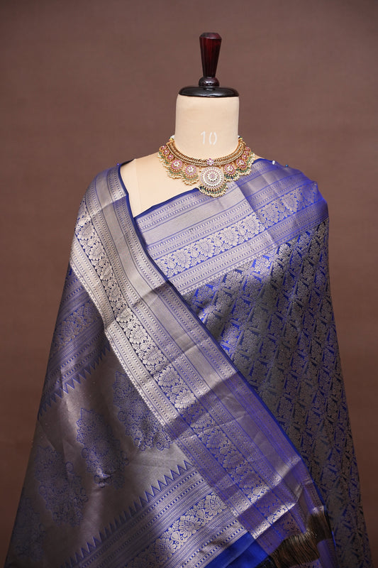 Brocade Pure Kanchipuram Silk Saree with Antique Gold Zari - Royal Blue