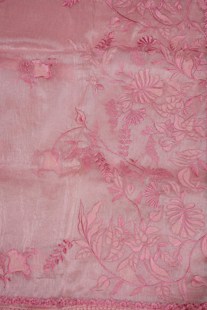 Soft Organza Saree with Floral Embroidery - Blush Pink