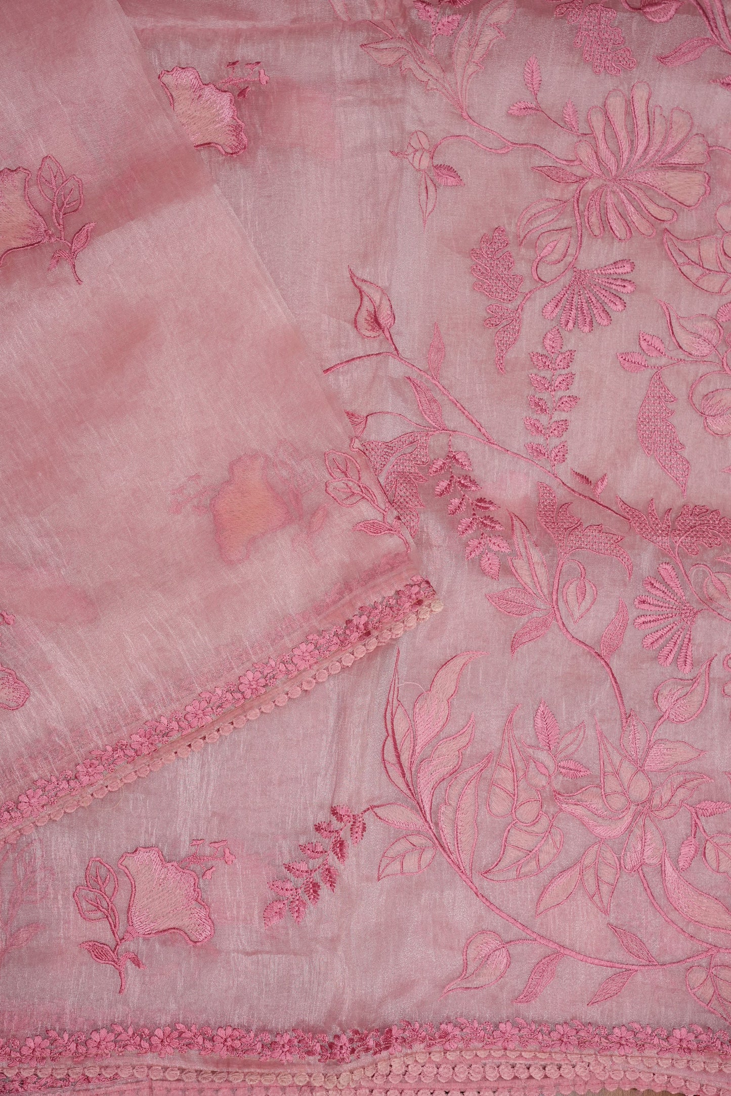 Soft Organza Saree with Floral Embroidery - Blush Pink