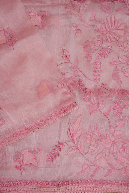 Soft Organza Saree with Floral Embroidery - Blush Pink