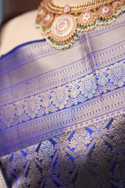 Brocade Pure Kanchipuram Silk Saree with Antique Gold Zari - Royal Blue