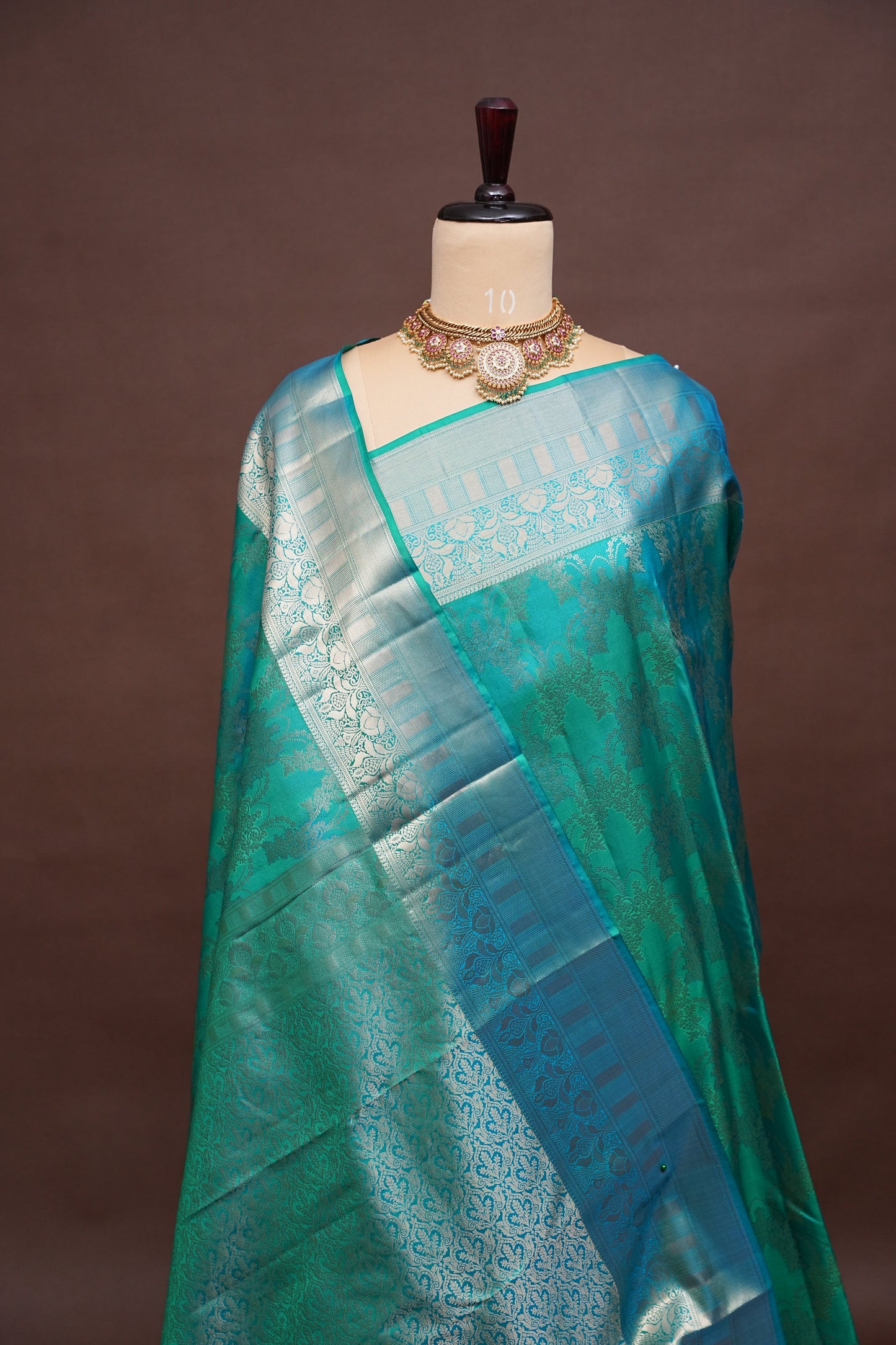 Pure Kanchipuram Silk Saree with Antique Gold Zari Weave - Teal Green