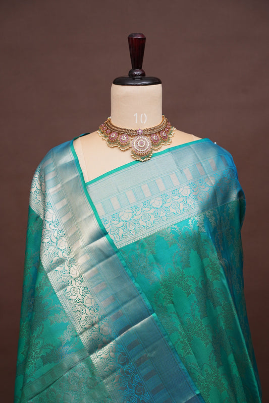 Pure Kanchipuram Silk Saree with Antique Gold Zari Weave - Teal Green