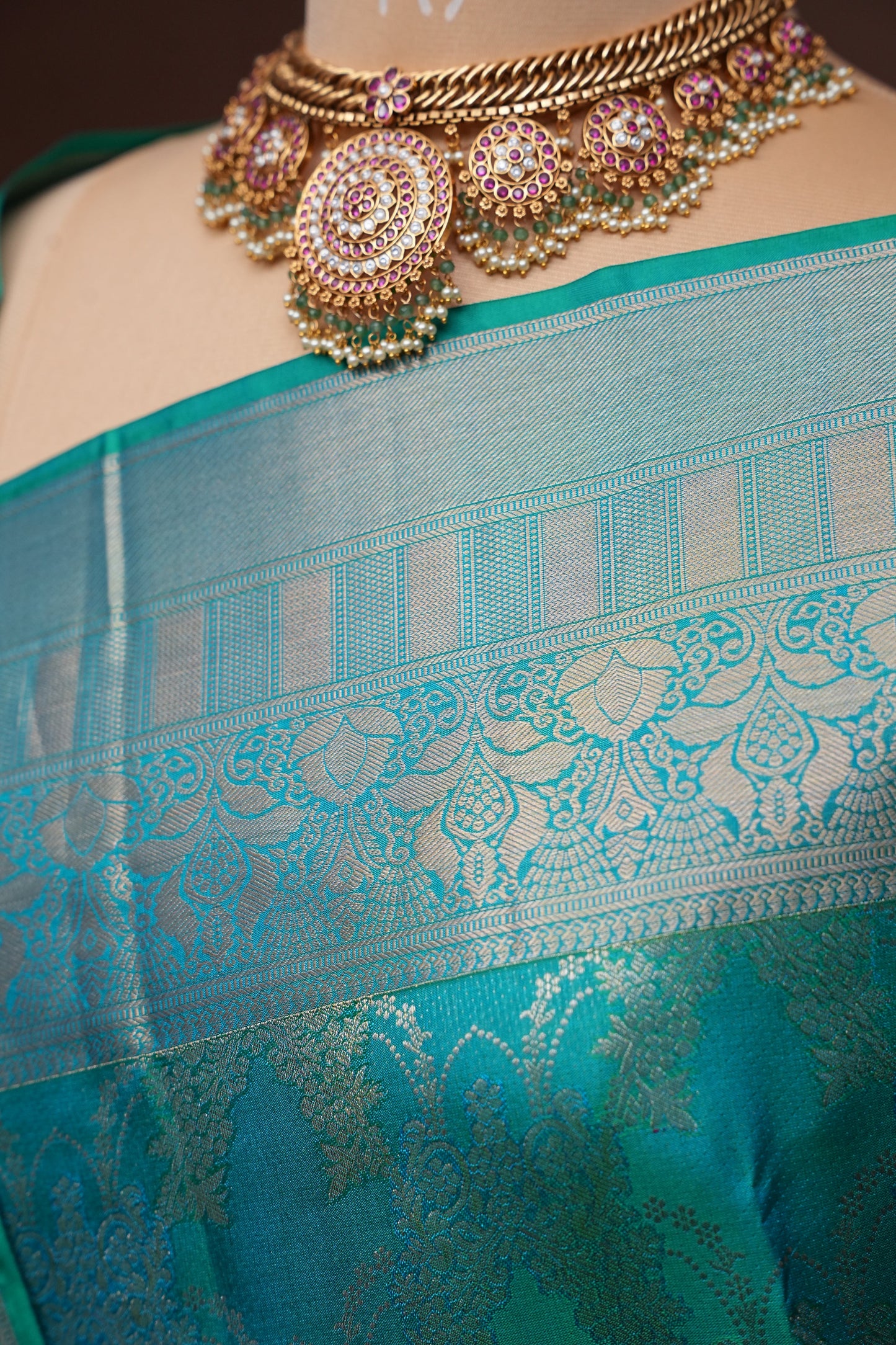 Pure Kanchipuram Silk Saree with Antique Gold Zari Weave - Teal Green