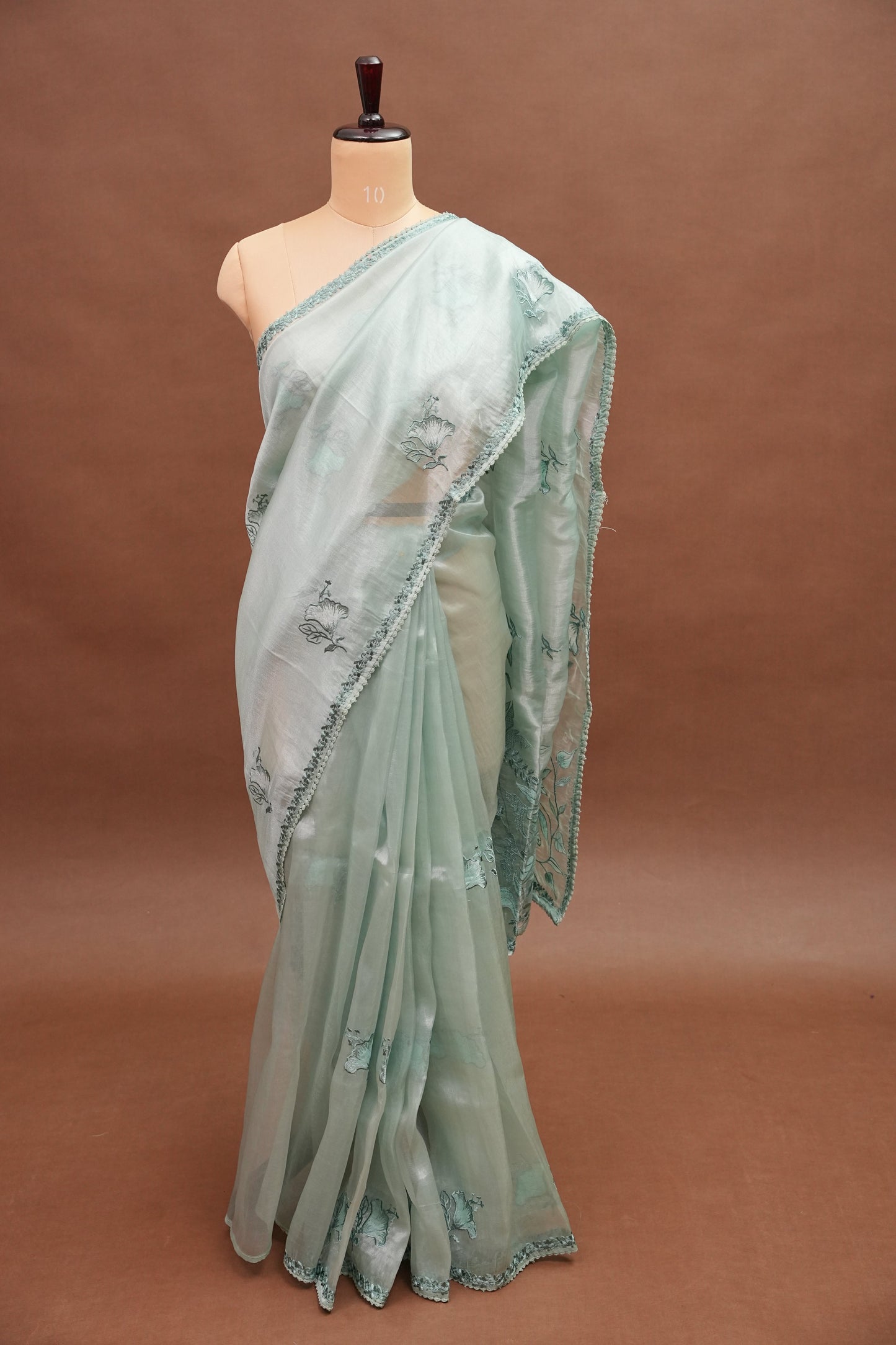 Soft Organza Saree with Floral Embroidery - Powder Blue