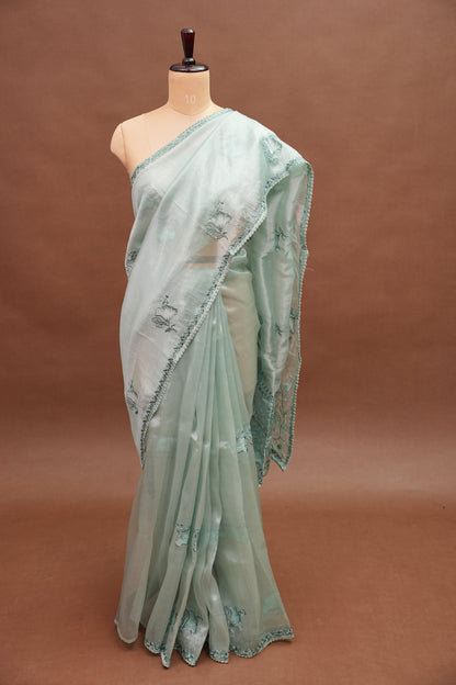 Soft Organza Saree with Floral Embroidery - Powder Blue