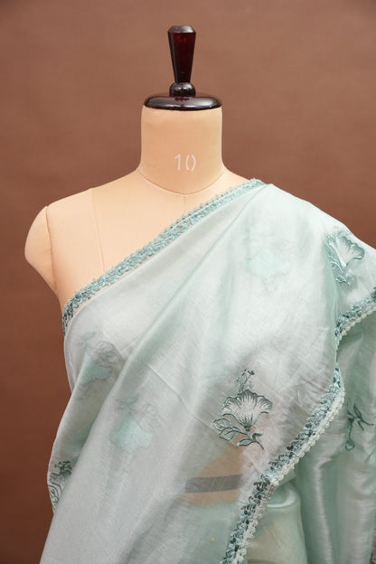 Soft Organza Saree with Floral Embroidery - Powder Blue