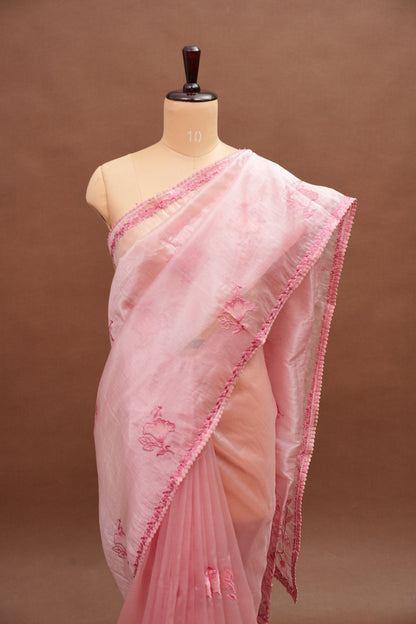 Soft Organza Saree with Floral Embroidery - Blush Pink