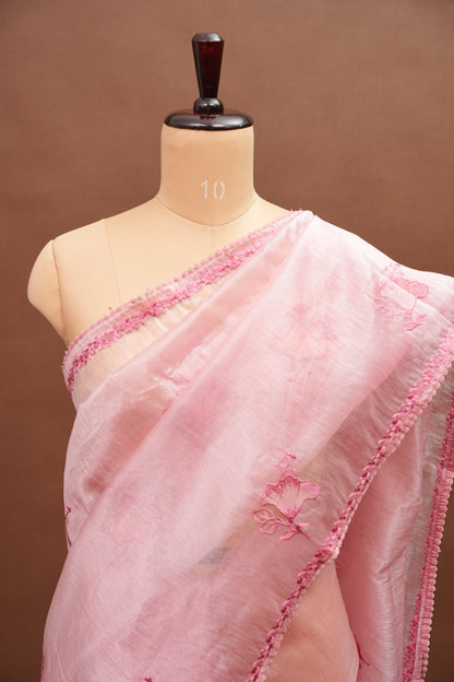 Soft Organza Saree with Floral Embroidery - Blush Pink