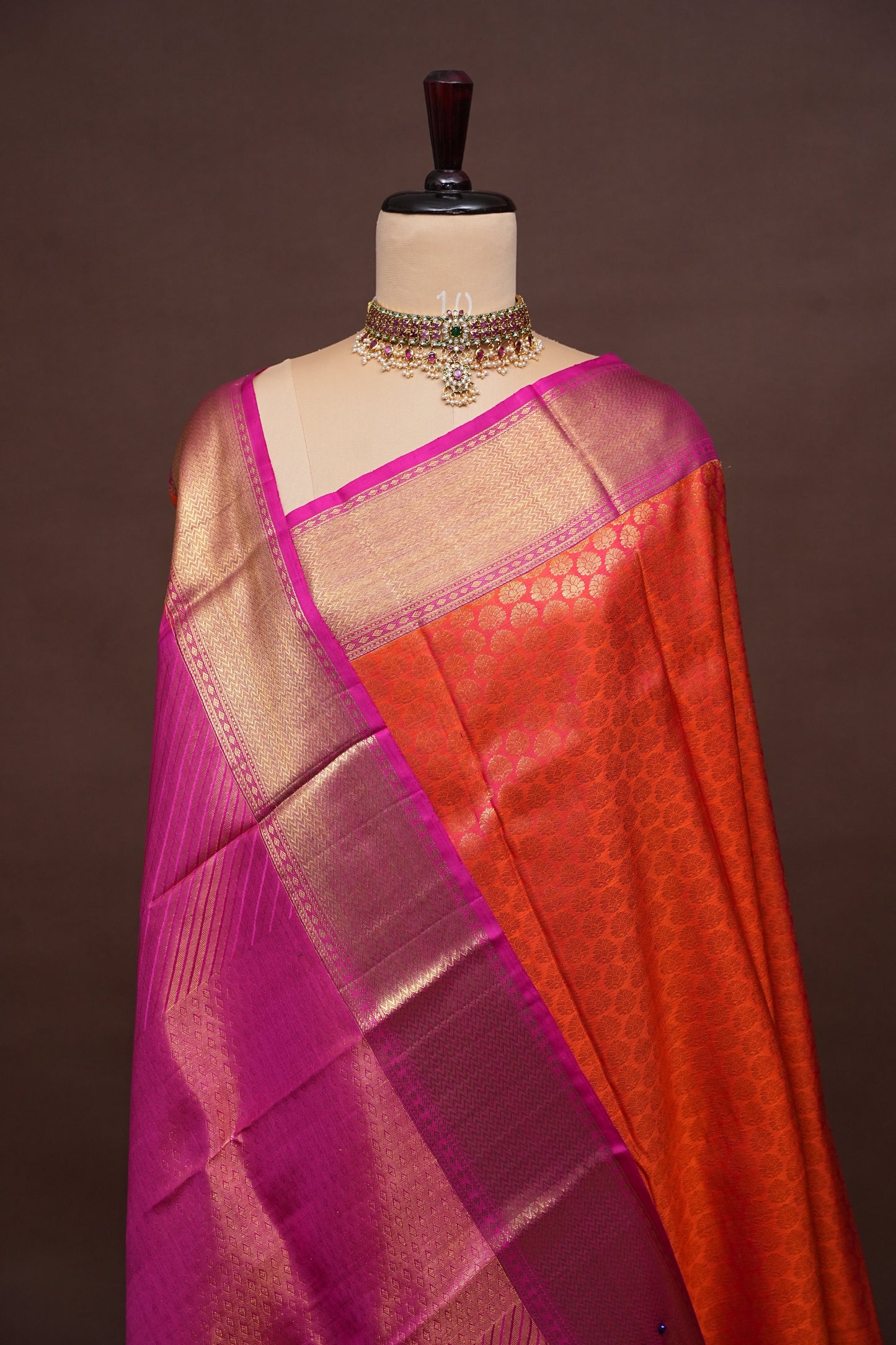 Pure Kanchipuram Silk Saree with Rich Gold Zari - Vermilion Orange with Pink