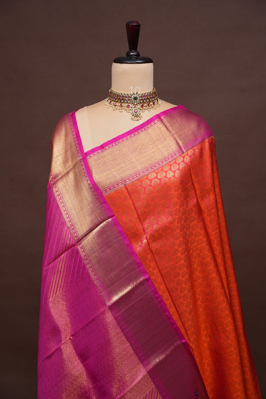Pure Kanchipuram Silk Saree with Rich Gold Zari - Vermilion Orange with Pink
