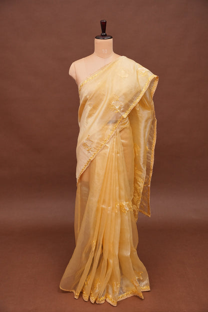 Soft Organza Saree with Floral Embroidery - Pastel Light Yellow