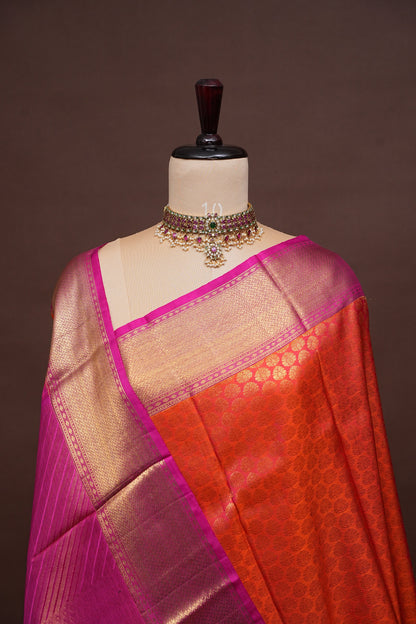 Pure Kanchipuram Silk Saree with Rich Gold Zari - Vermilion Orange with Pink
