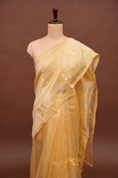 Soft Organza Saree with Floral Embroidery - Pastel Light Yellow