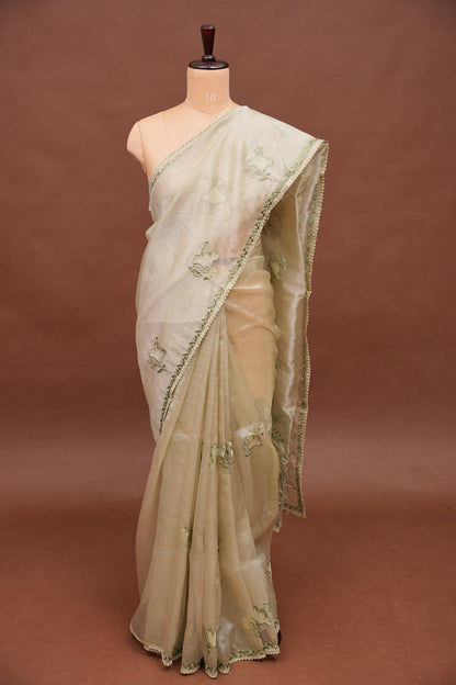Soft Organza Saree with Floral Embroidery - Light Pistachio Green
