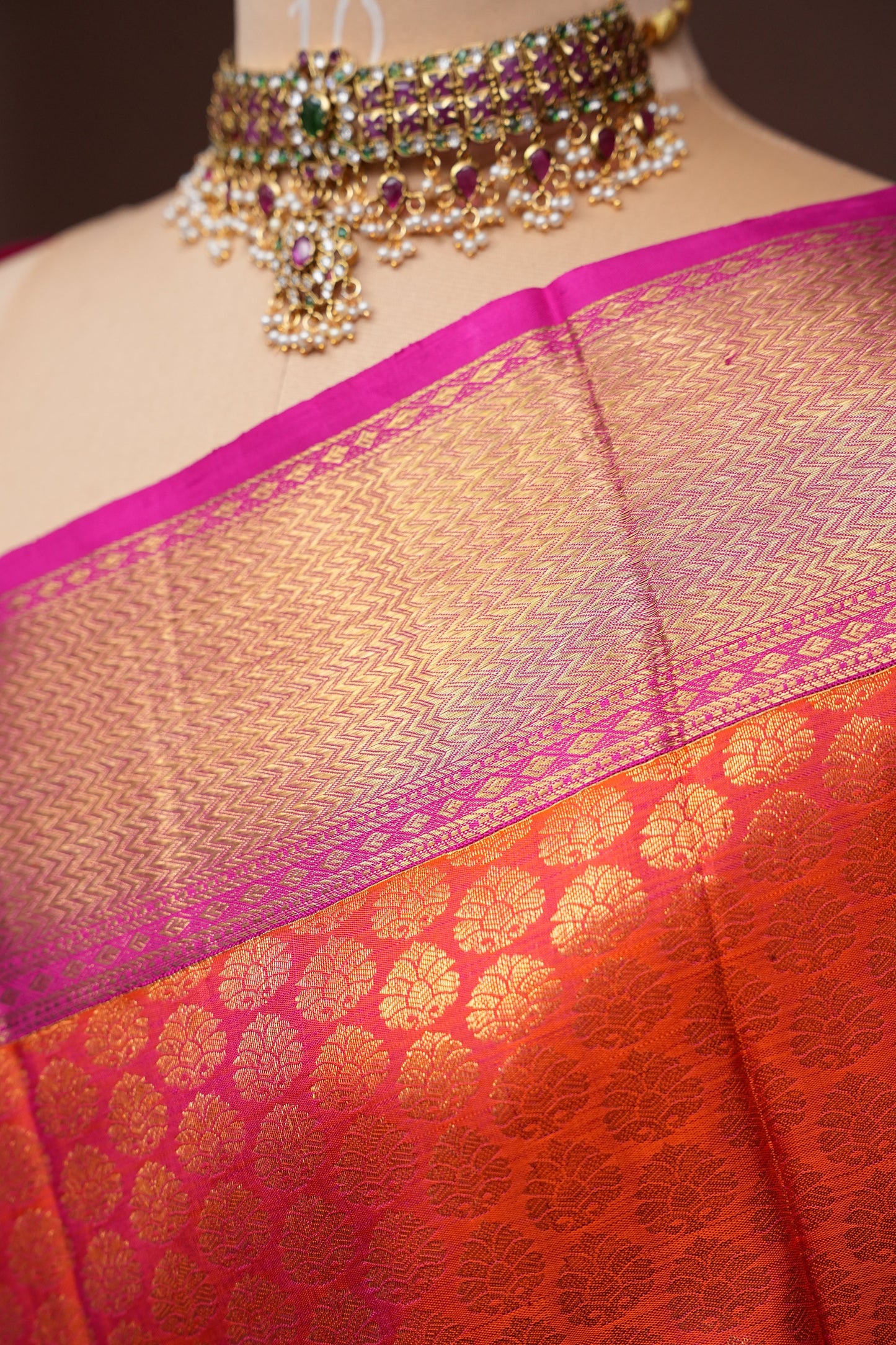 Pure Kanchipuram Silk Saree with Rich Gold Zari - Vermilion Orange with Pink