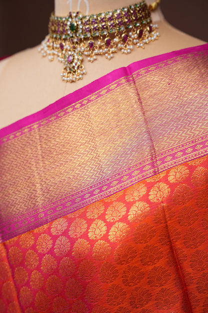 Pure Kanchipuram Silk Saree with Rich Gold Zari - Vermilion Orange with Pink
