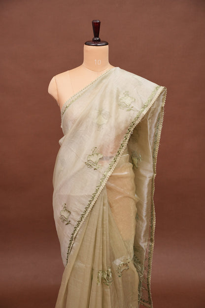 Soft Organza Saree with Floral Embroidery - Light Pistachio Green