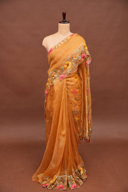 Soft Organza Saree with Floral Embroidered Border - Mustard Yellow