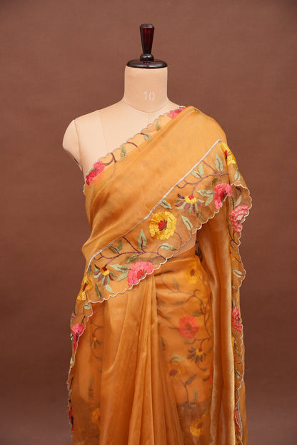 Soft Organza Saree with Floral Embroidered Border - Mustard Yellow