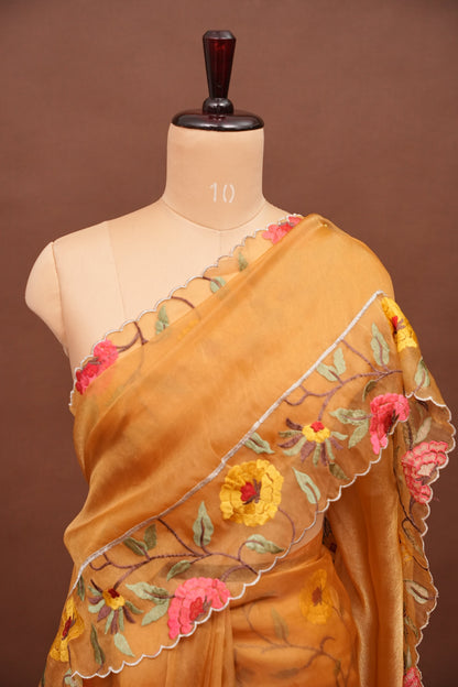 Soft Organza Saree with Floral Embroidered Border - Mustard Yellow