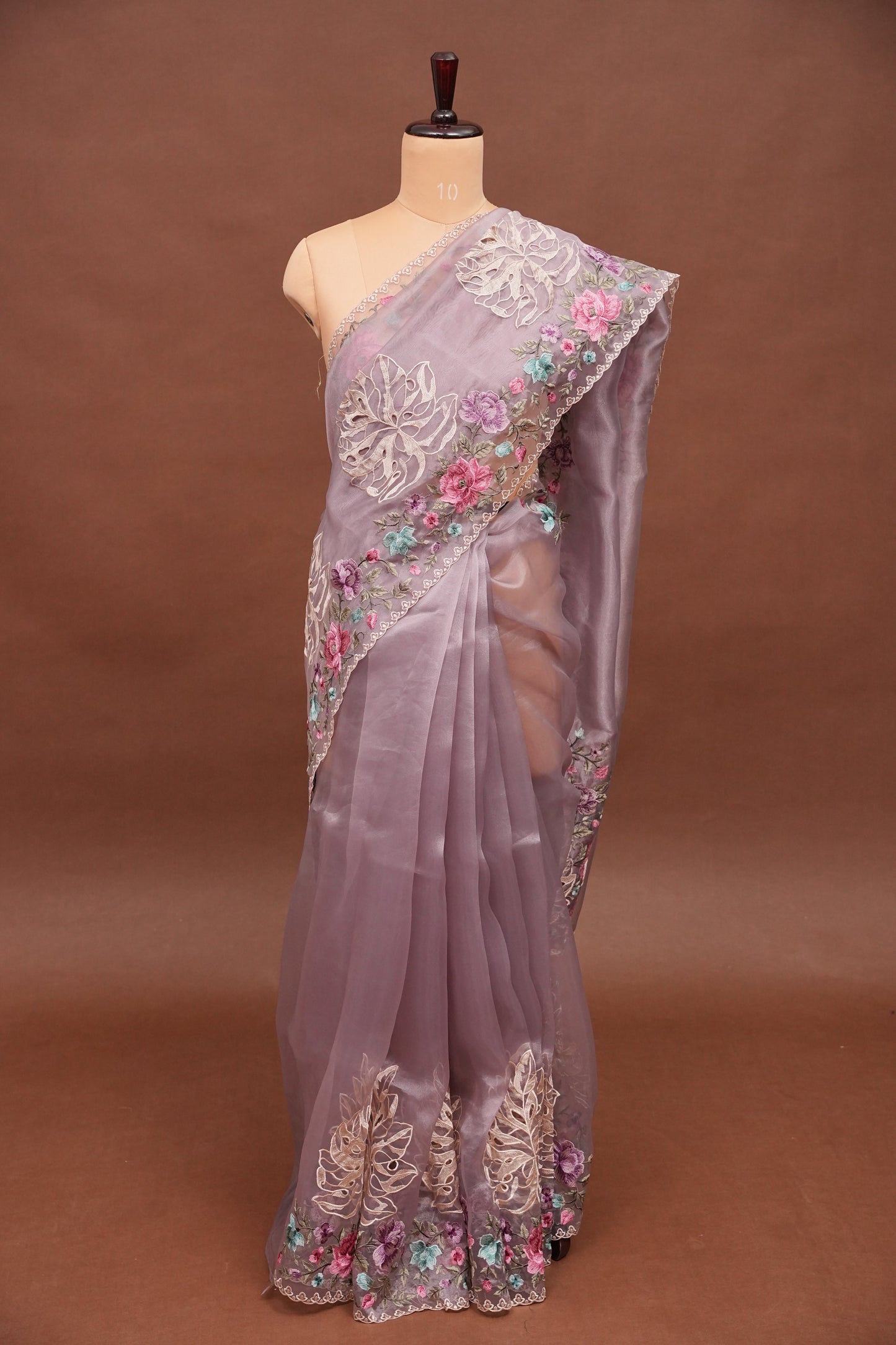 Pure Organza Saree with Floral Embroidered Border - Light Lavender Pastel