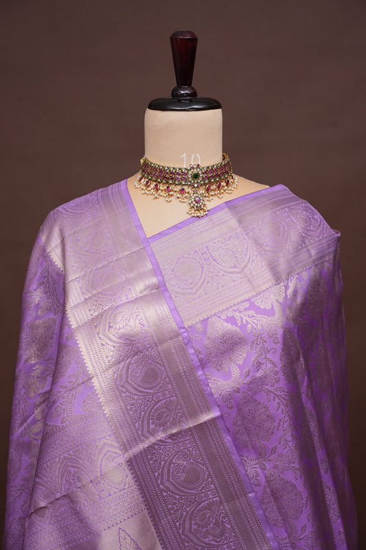 Pure Brocade Kanchipuram Silk Saree with Antique Gold Zari Elegance - Lavender