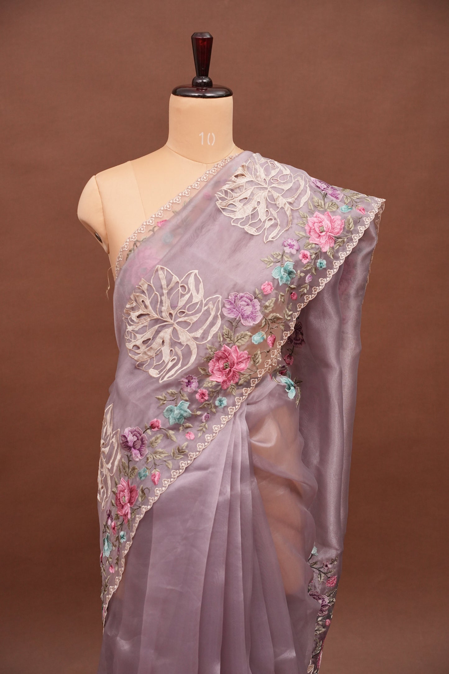 Pure Organza Saree with Floral Embroidered Border - Light Lavender Pastel