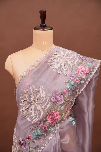 Pure Organza Saree with Floral Embroidered Border - Light Lavender Pastel