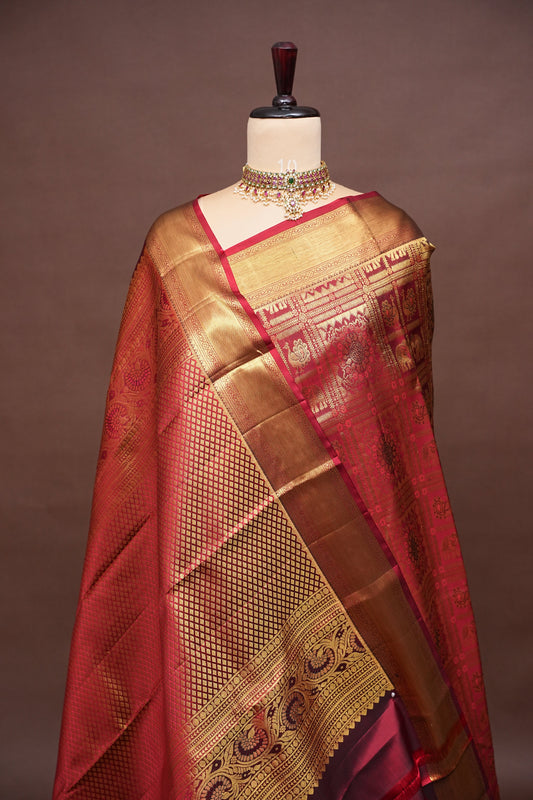 Deep Red Kanchipuram Silk Saree with Rich Gold Zari & Traditional Weaving