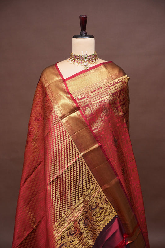 Deep Red Kanchipuram Silk Saree with Rich Gold Zari & Traditional Weaving
