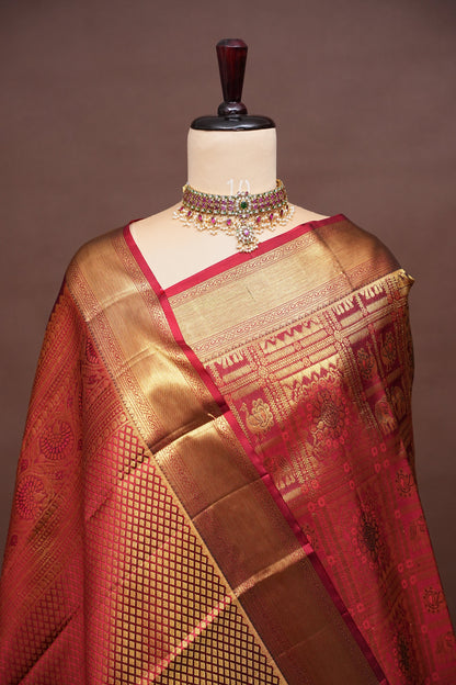 Deep Red Kanchipuram Silk Saree with Rich Gold Zari & Traditional Weaving