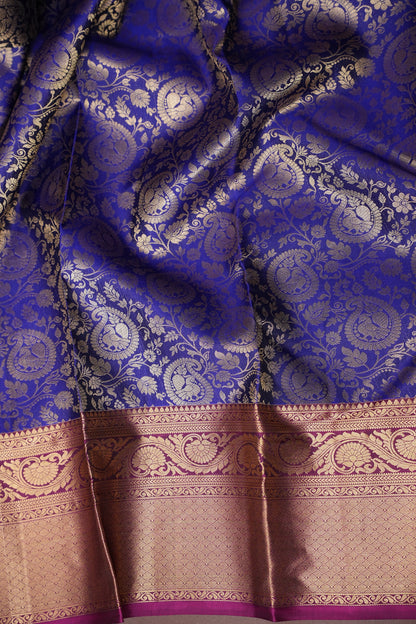 Royal Blue Pure Kanchipuram Silk Saree with Antique Gold Zari & Magenta Accents | Silk Mark Certified
