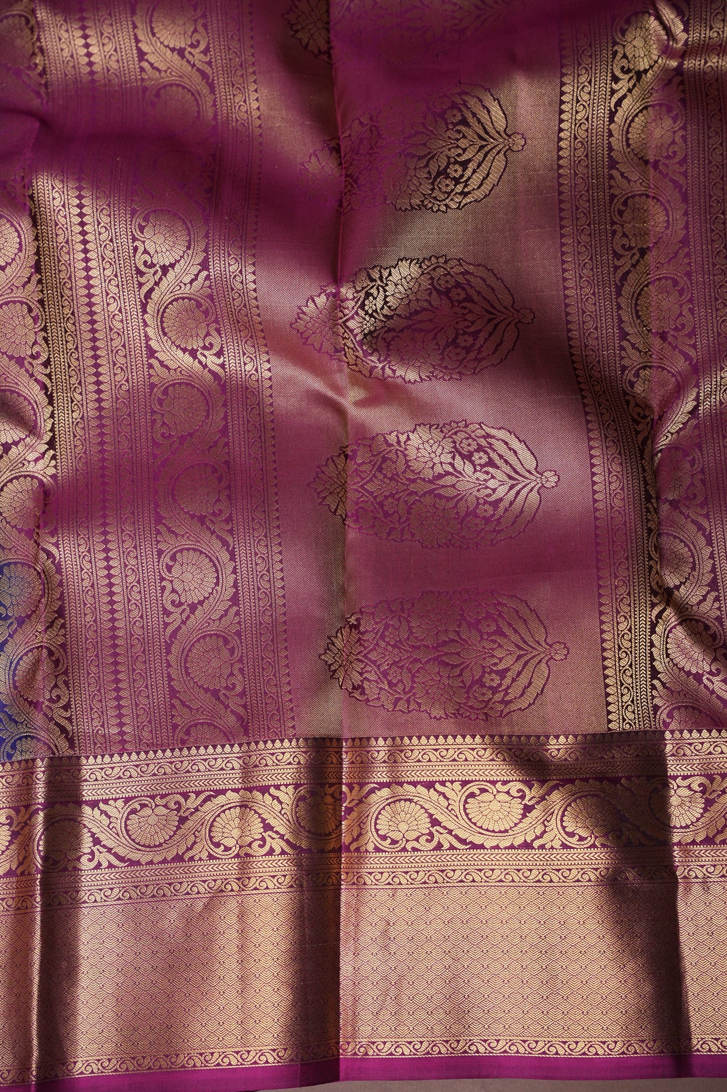 Royal Blue Pure Kanchipuram Silk Saree with Antique Gold Zari & Magenta Accents | Silk Mark Certified