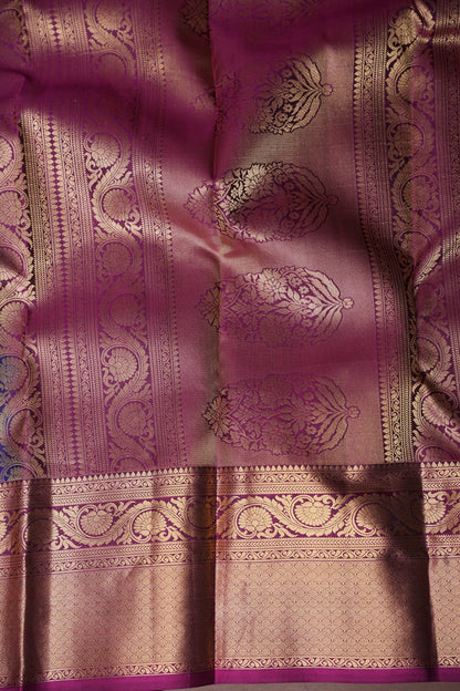 Royal Blue Pure Kanchipuram Silk Saree with Antique Gold Zari & Magenta Accents | Silk Mark Certified