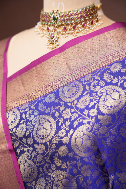 Royal Blue Pure Kanchipuram Silk Saree with Antique Gold Zari & Magenta Accents | Silk Mark Certified