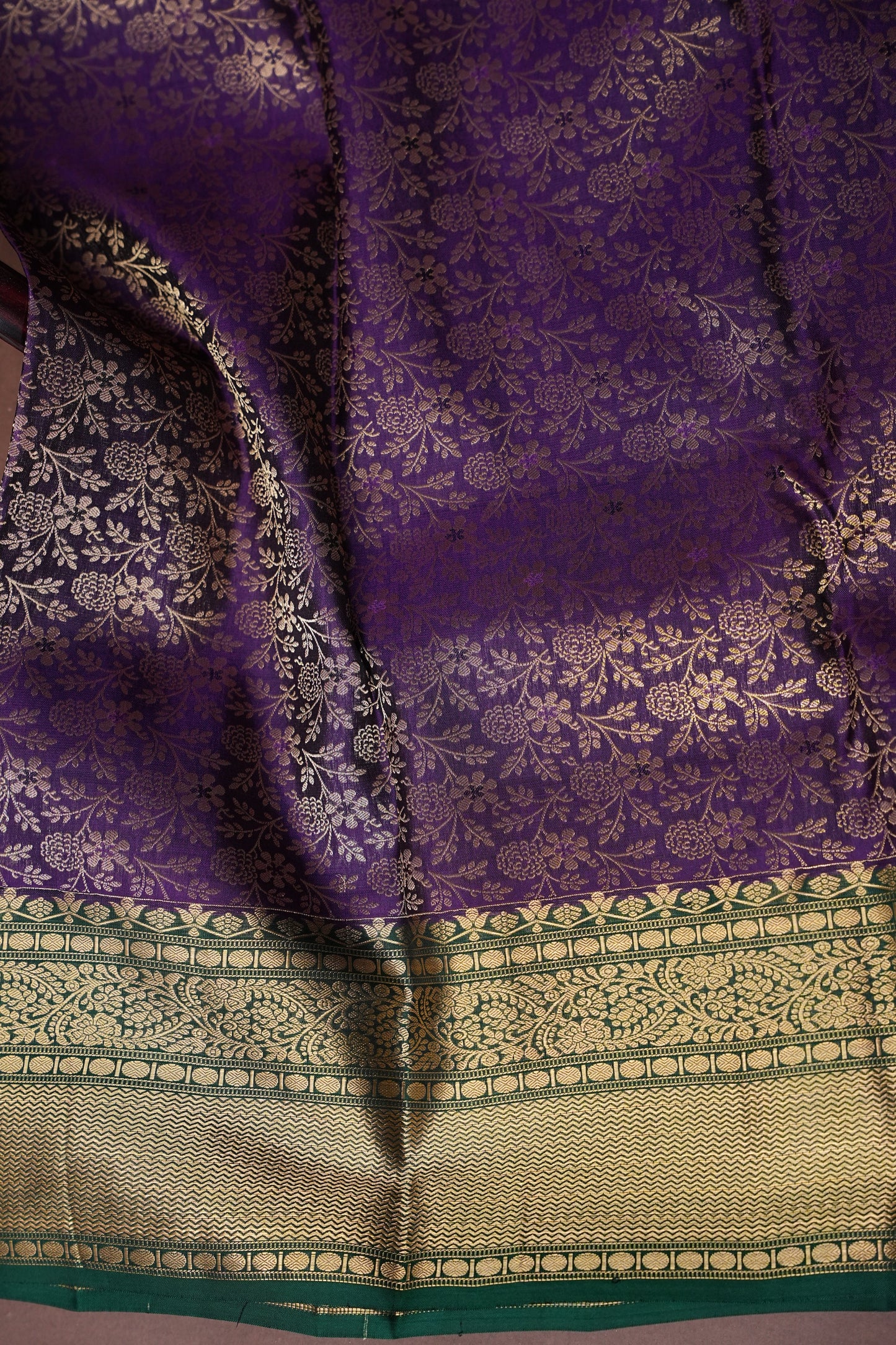 Emerald Green & Royal Purple Pure Kanchipuram Silk Saree with Antique Gold Zari | Silk Mark Certified