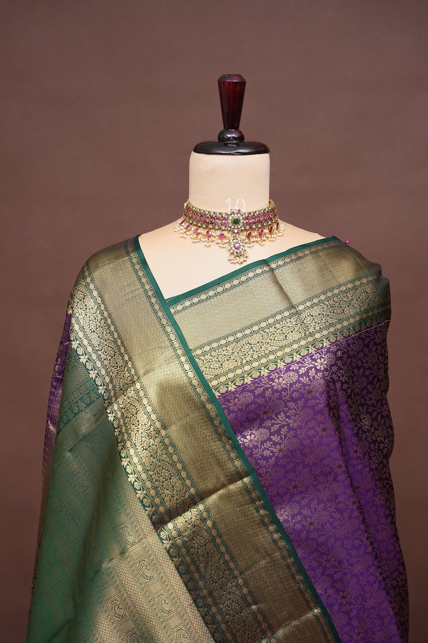 Emerald Green & Royal Purple Pure Kanchipuram Silk Saree with Antique Gold Zari | Silk Mark Certified