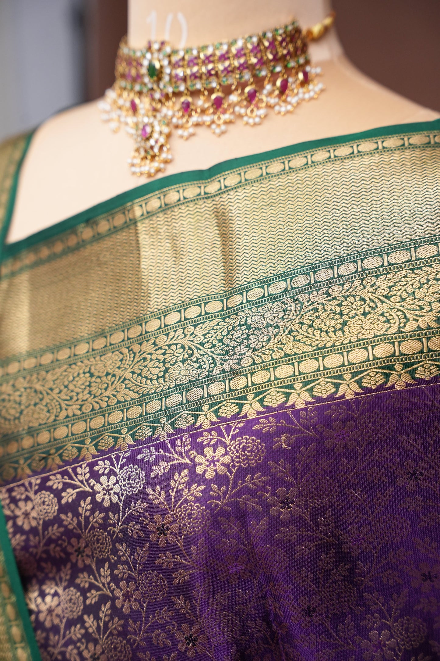 Emerald Green & Royal Purple Pure Kanchipuram Silk Saree with Antique Gold Zari | Silk Mark Certified