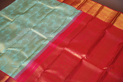 Coral Pink & Mint Green Kanchipuram Silk Saree with 2 gram gold Rich Zari|Silk Mark Certified