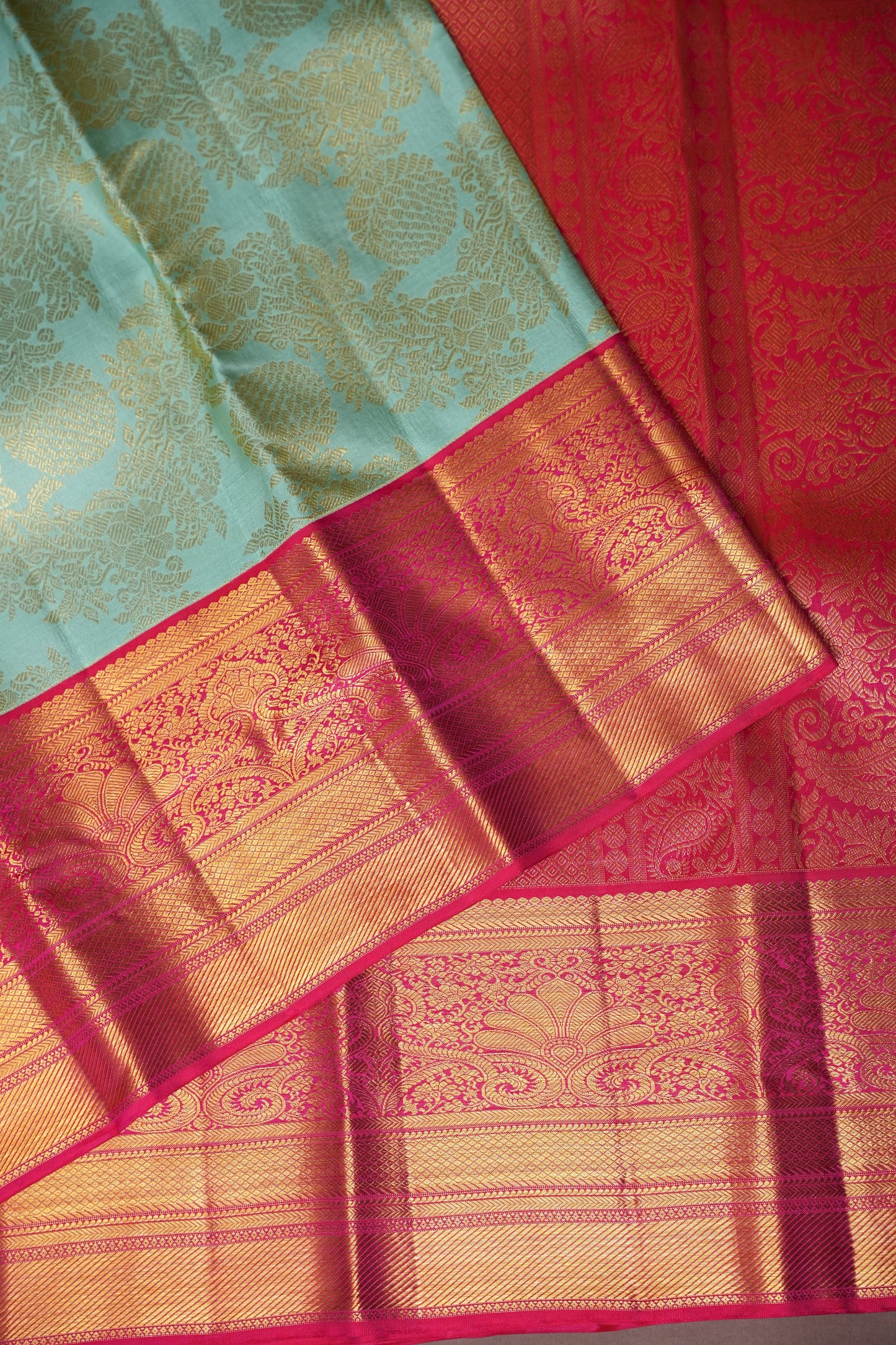 Coral Pink & Mint Green Kanchipuram Silk Saree with 2 gram gold Rich Zari|Silk Mark Certified