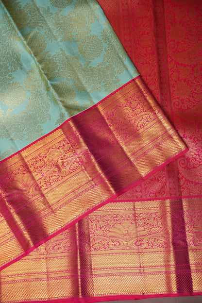 Coral Pink & Mint Green Kanchipuram Silk Saree with 2 gram gold Rich Zari|Silk Mark Certified