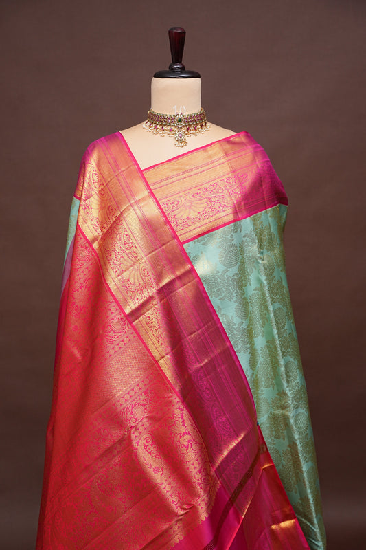 Coral Pink & Mint Green Kanchipuram Silk Saree with 2 gram gold Rich Zari|Silk Mark Certified