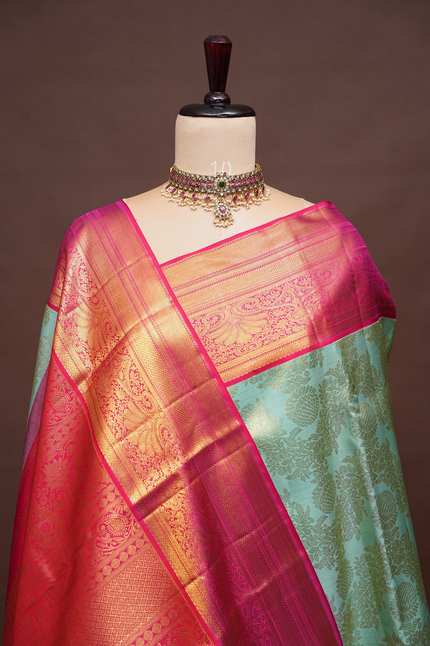 Coral Pink & Mint Green Kanchipuram Silk Saree with 2 gram gold Rich Zari|Silk Mark Certified