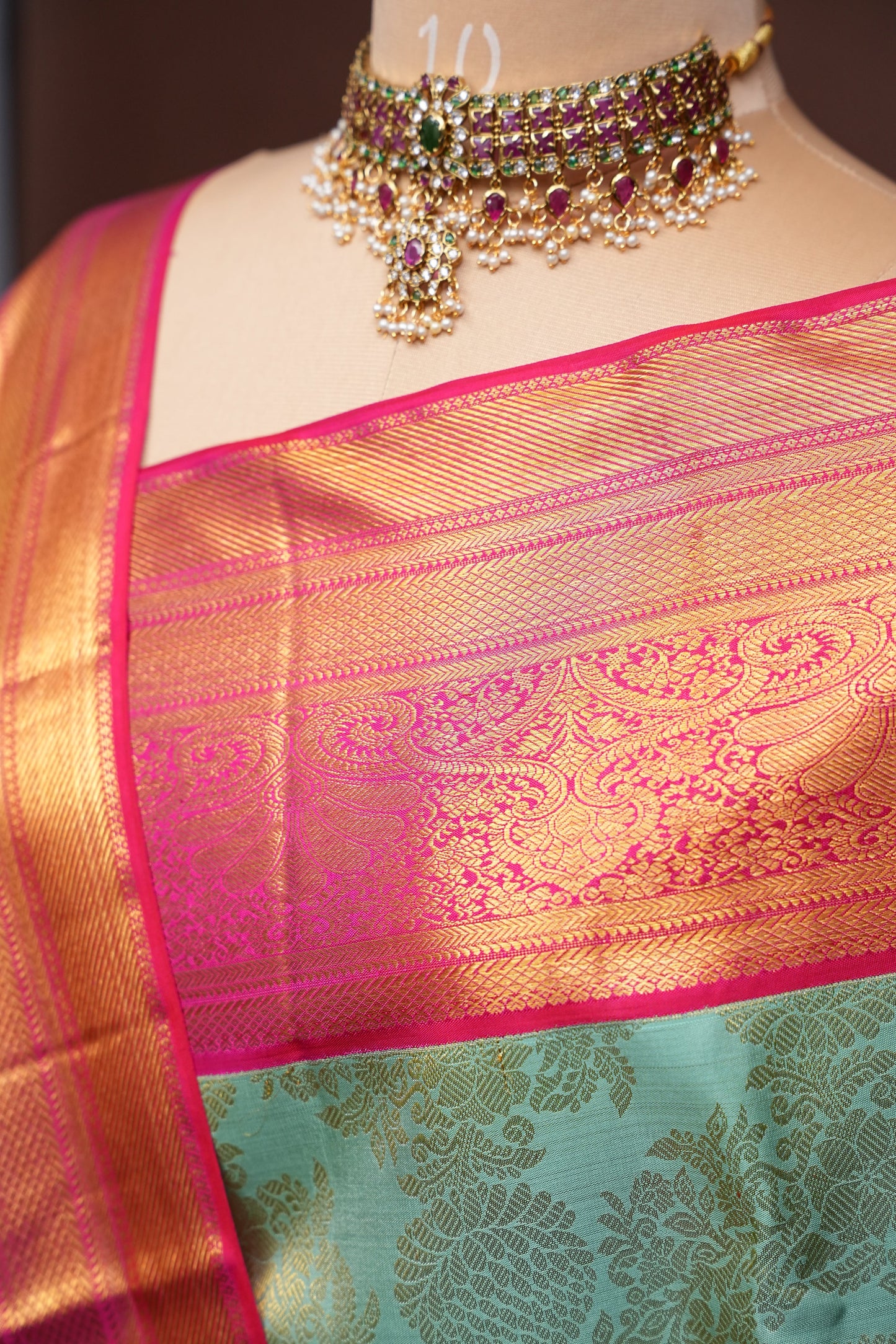 Coral Pink & Mint Green Kanchipuram Silk Saree with 2 gram gold Rich Zari|Silk Mark Certified