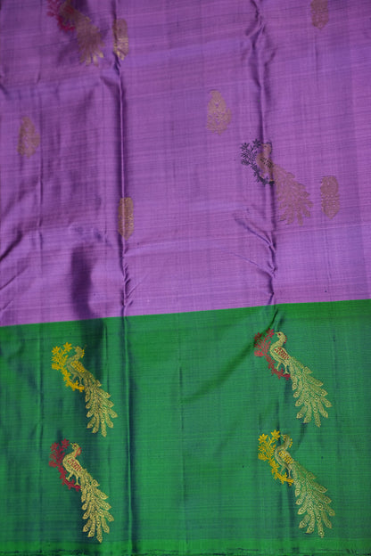 Lavender Pure Kanchipuram Silk Saree with Contrast Emerald Green Border | Silk Mark Certified