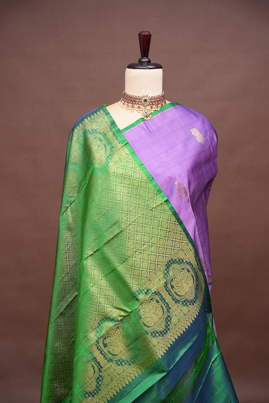 Lavender Pure Kanchipuram Silk Saree with Contrast Emerald Green Border | Silk Mark Certified