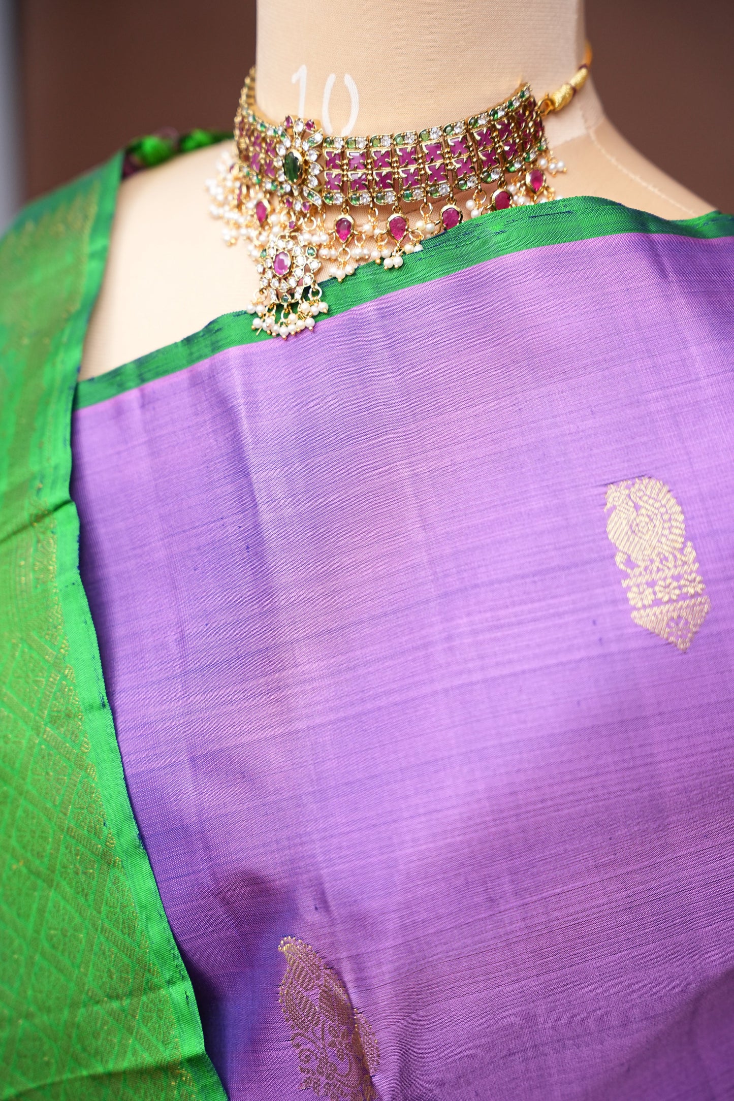 Lavender Pure Kanchipuram Silk Saree with Contrast Emerald Green Border | Silk Mark Certified