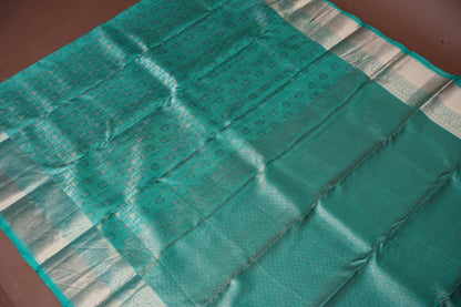 Aqua Green Pure Kanchipuram Silk Saree with Antique Gold Zari Weaving|Silk Mark Certified