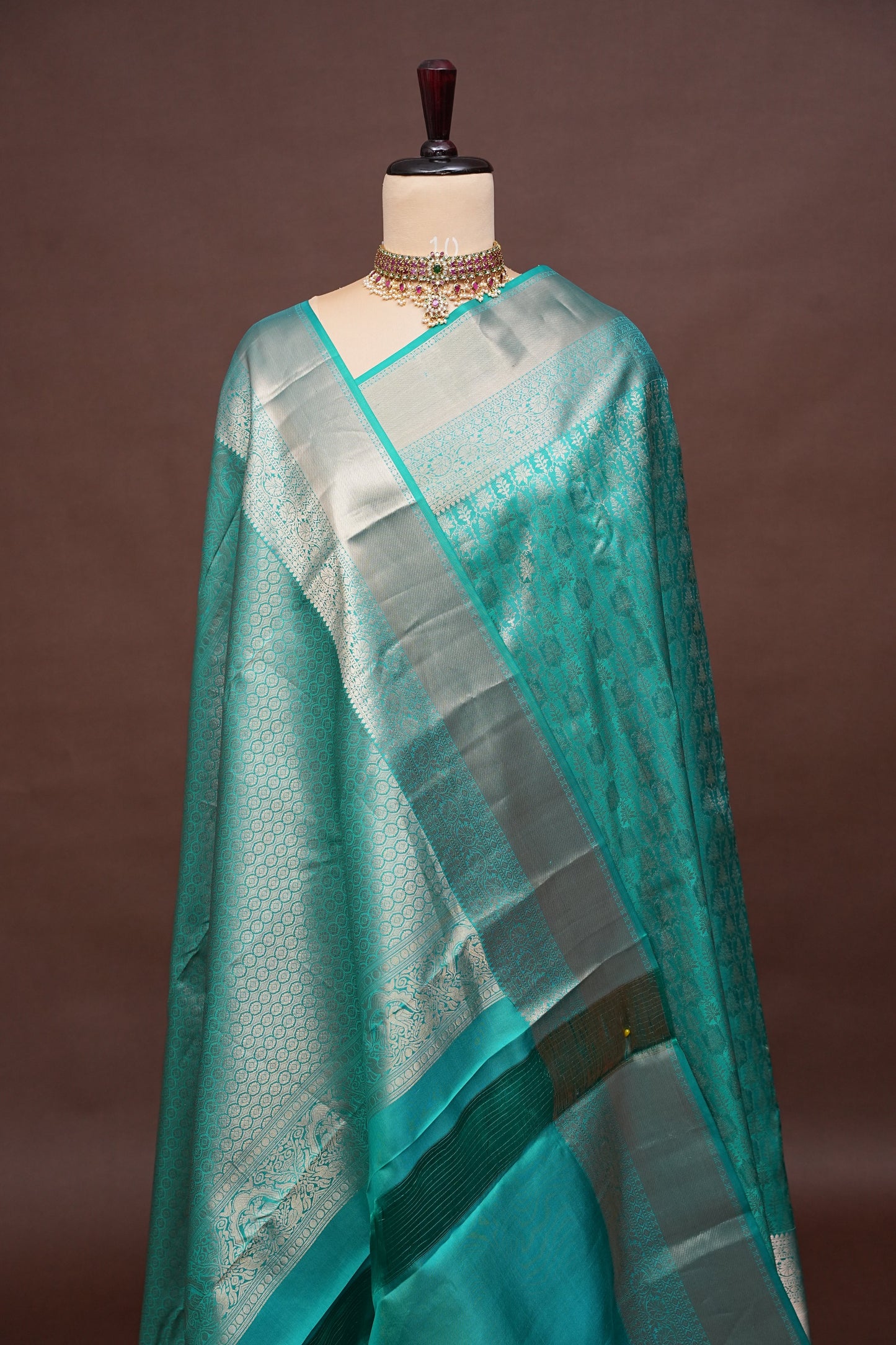 Aqua Green Pure Kanchipuram Silk Saree with Antique Gold Zari Weaving|Silk Mark Certified